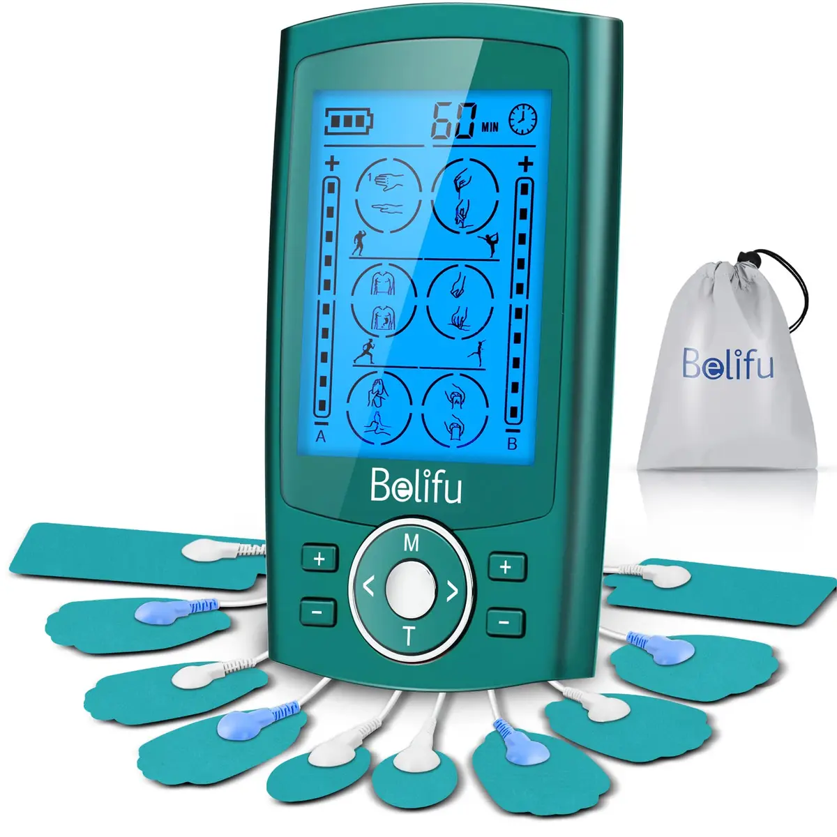 Belifu Dual Channel TENS EMS Unit with 24 Modes & 20 Intensity Levels | Rechargeable Muscle Stimulator for Pain Relief Therapy - main product image