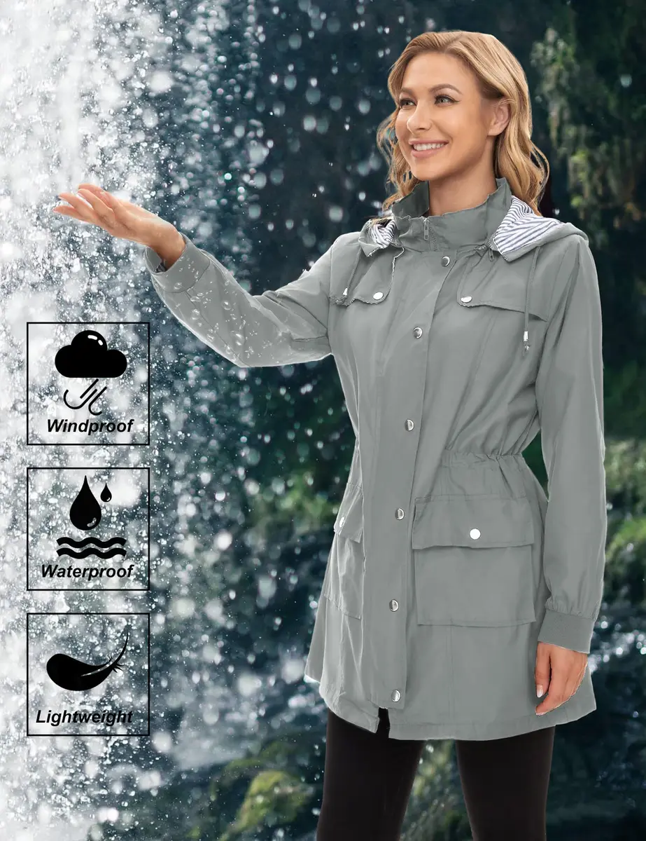 Bloggerlove Waterproof Rain Jacket for Women Lightweight & Hooded | Outdoor Spring Coat in Grey (0.81 Fl Oz) - view 4