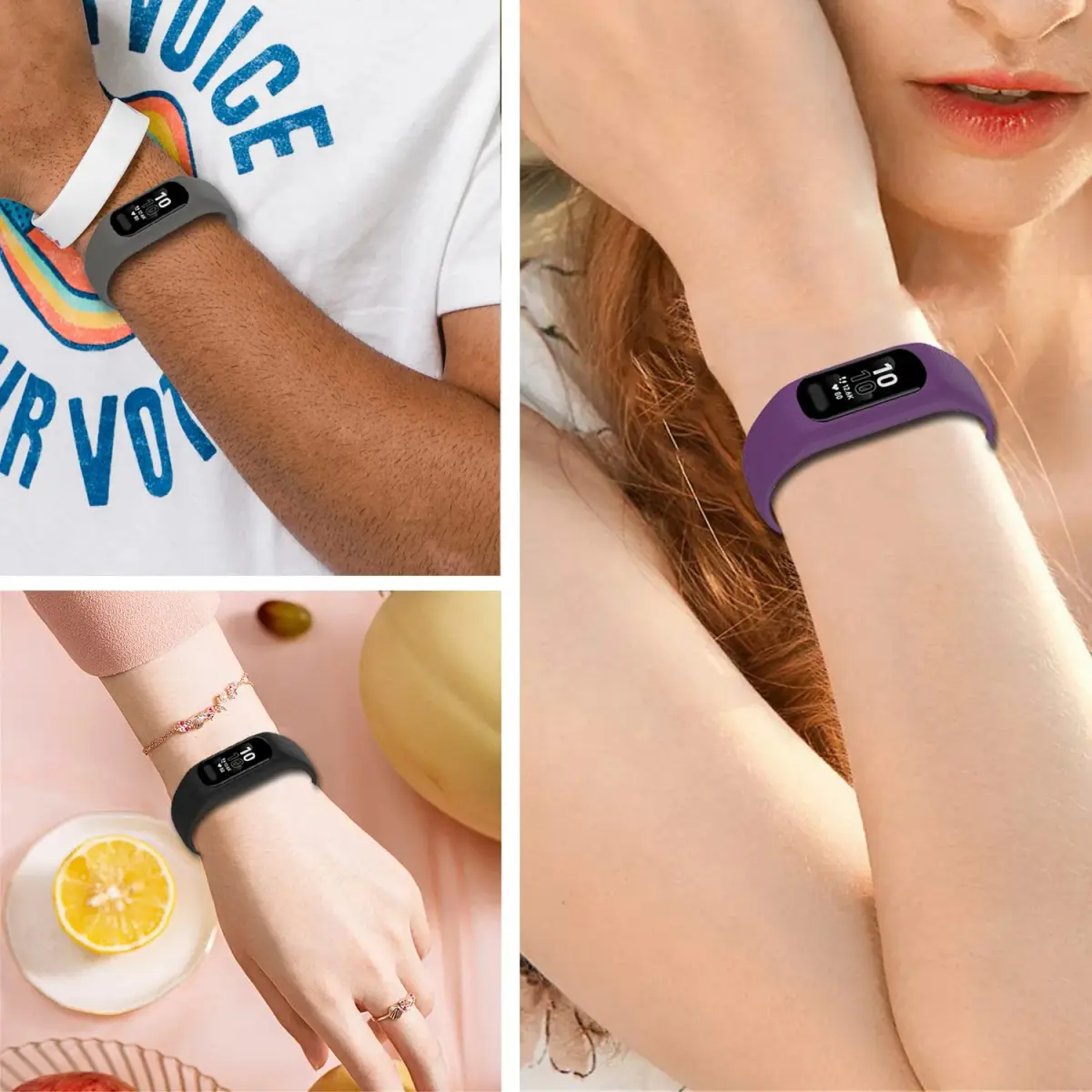 Gheper Soft Silicone Bands Compatible with Garmin Vivosmart 5 Straps (3 Pack, Purple/Grey/Black) - view 5
