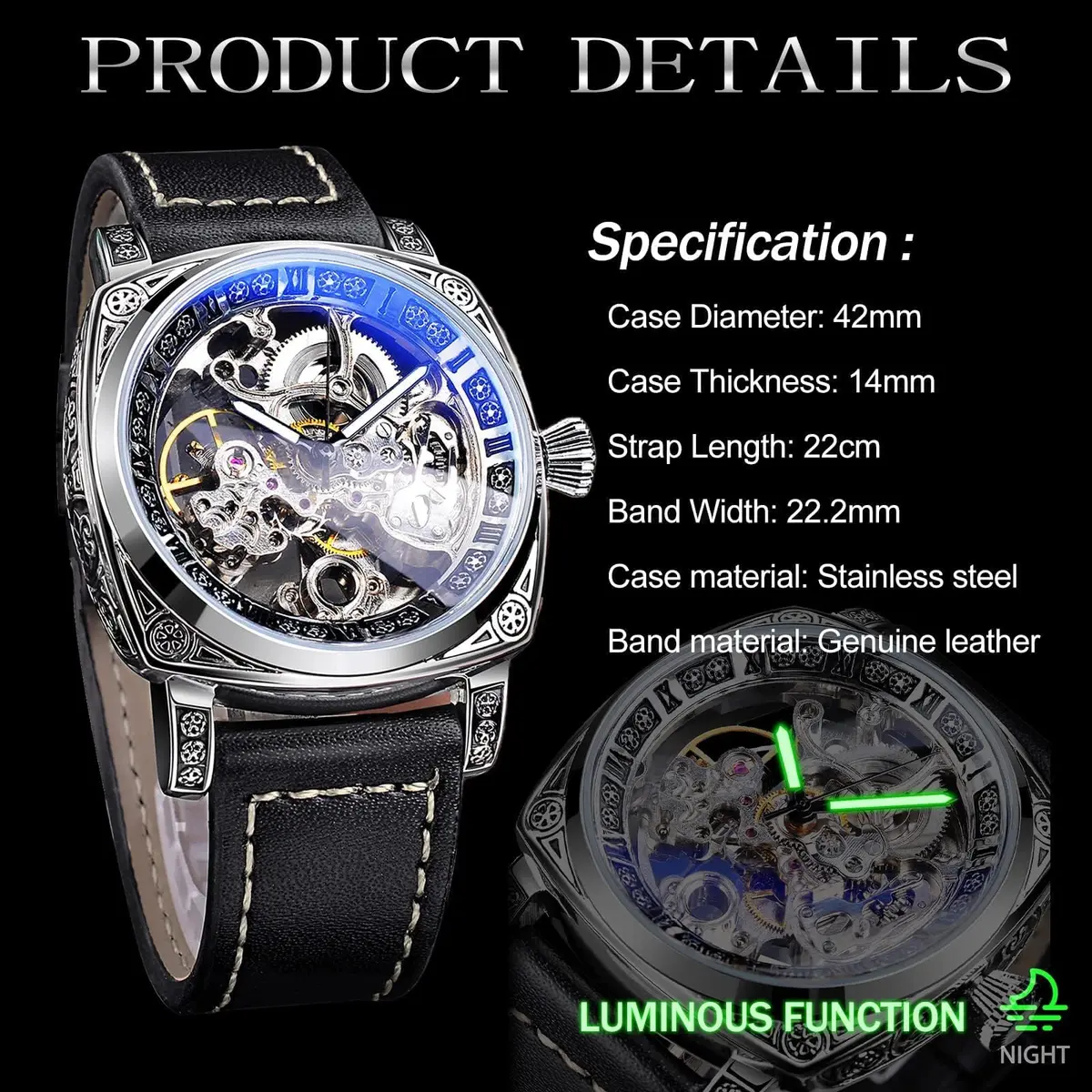 FORSINING Square Luxury Retro Mechanical Watch for Men 42mm (1.65in) | Automatic Self-Wind - view 6