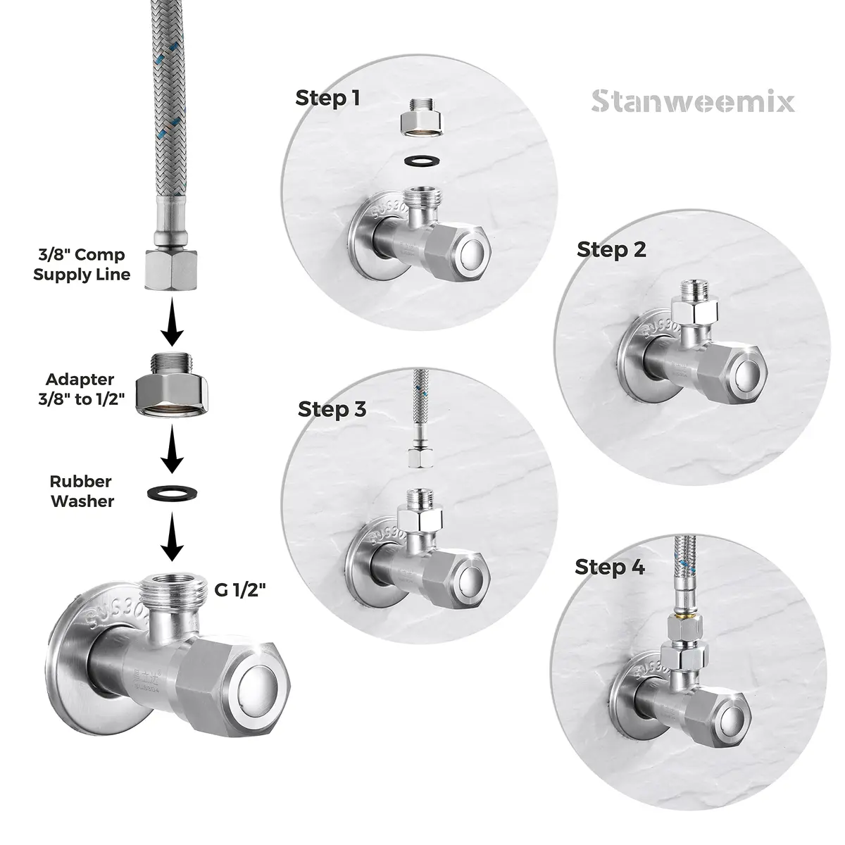 Stanweemix Water Line Adapter 1/2" Female to 3/8" Male | Stainless Steel, Rust-Resistant, 4 pcs - view 6