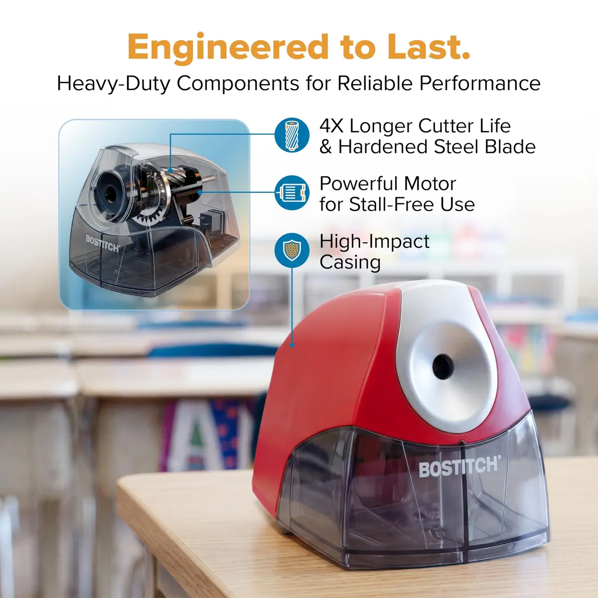 Bostitch Electric Pencil Sharpener for Classroom and Desk, Stall Free, Red | 7-Year Warranty - view 5
