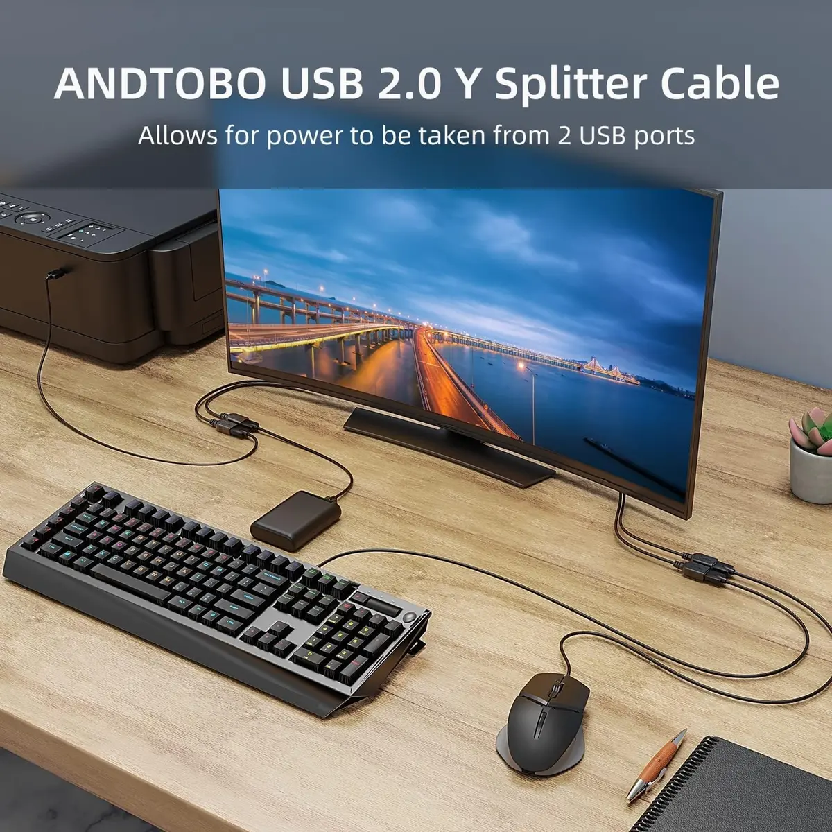 ANDTOBO USB 2.0 Y Splitter Cable 30cm (1 ft) Black | Dual USB Female to Male Extension Adapter - view 6