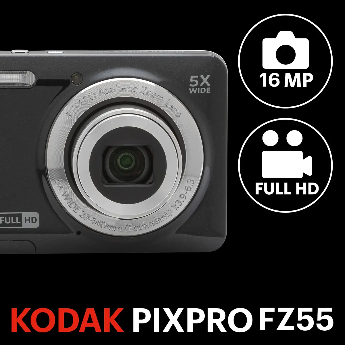 Kodak PIXPRO FZ55 Digital Camera 16MP CMOS 5X Optical Zoom 1080p HD Video 2.7" LCD Black | Compact Point-and-Shoot Camera - view 3