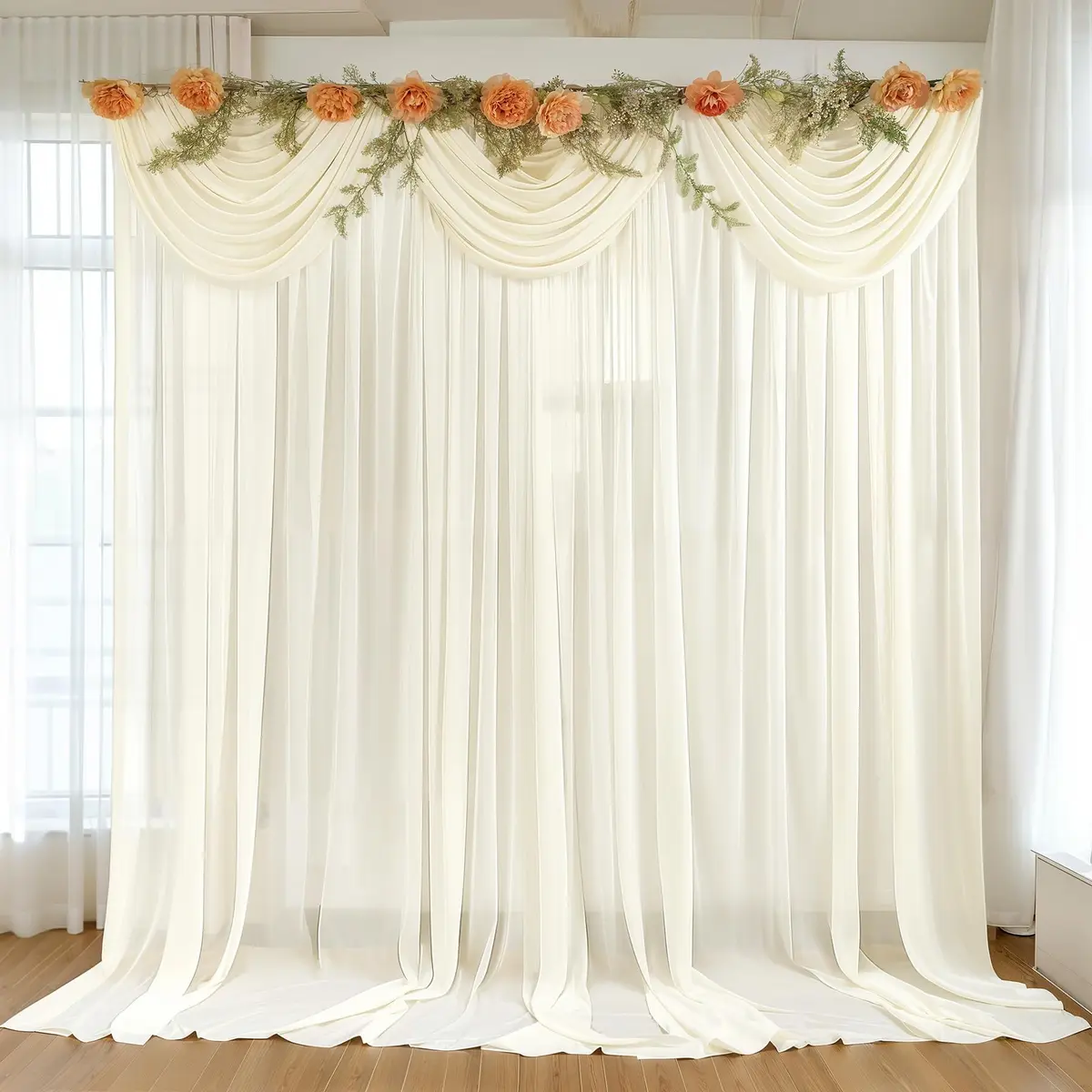 Wish Care 10ft x 10ft Ivory Sheer Chiffon Backdrop Curtain Drapes (2 Panels, 3m x 3m) | Wrinkle-Free Fabric for Weddings & Events - main product image