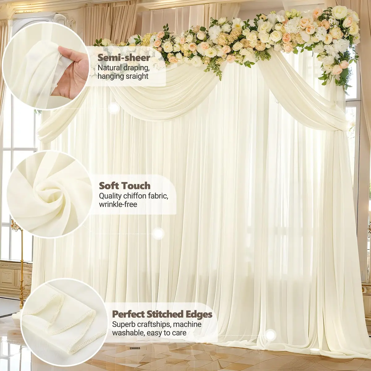 Wish Care 10ft x 10ft Ivory Sheer Chiffon Backdrop Curtain Drapes (2 Panels, 3m x 3m) | Wrinkle-Free Fabric for Weddings & Events - view 5