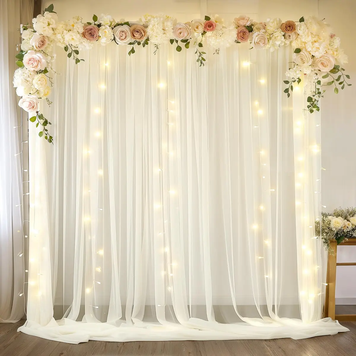 Wish Care 10ft x 10ft Ivory Sheer Chiffon Backdrop Curtain Drapes (2 Panels, 3m x 3m) | Wrinkle-Free Fabric for Weddings & Events - view 6