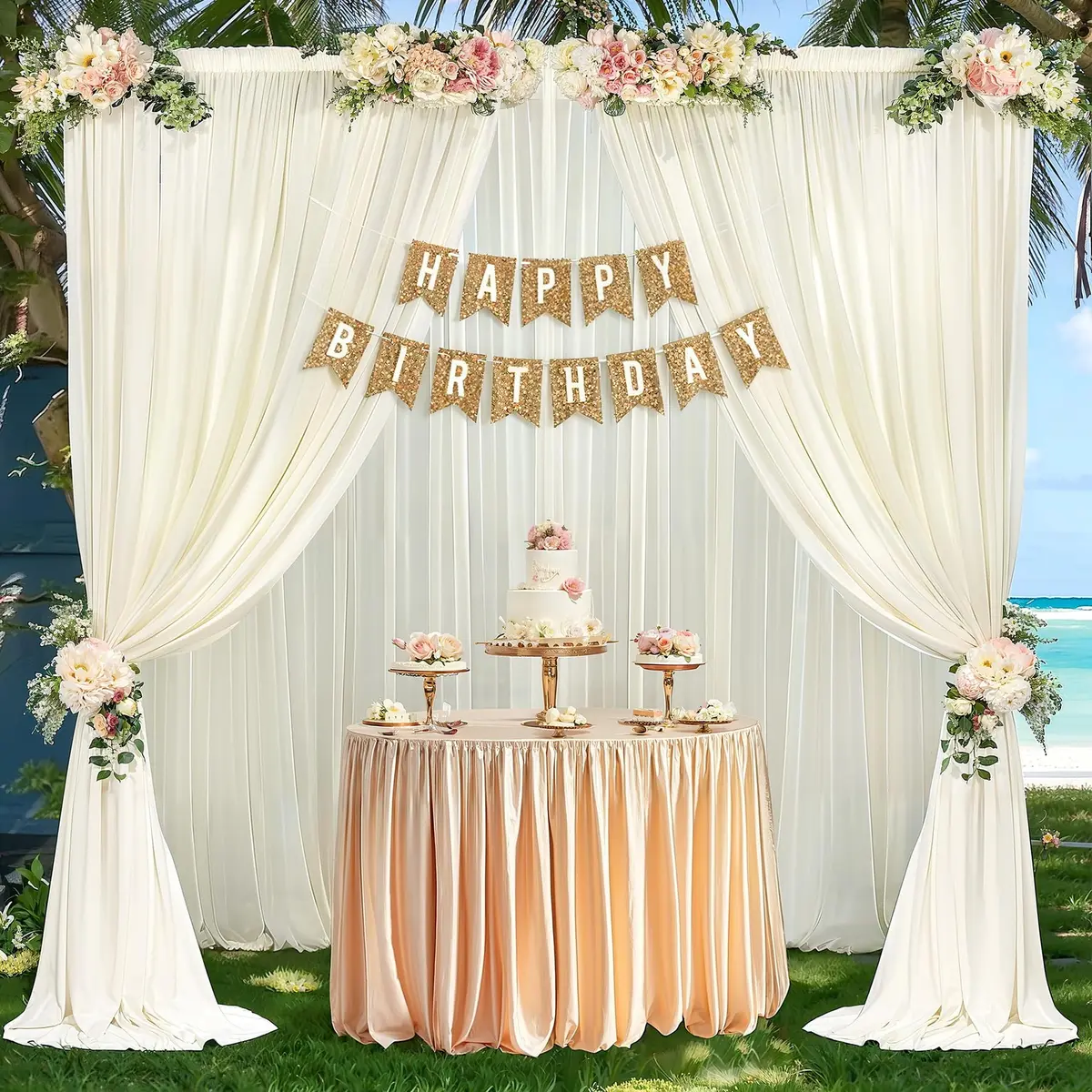 Wish Care 10ft x 10ft Ivory Sheer Chiffon Backdrop Curtain Drapes (2 Panels, 3m x 3m) | Wrinkle-Free Fabric for Weddings & Events - view 7