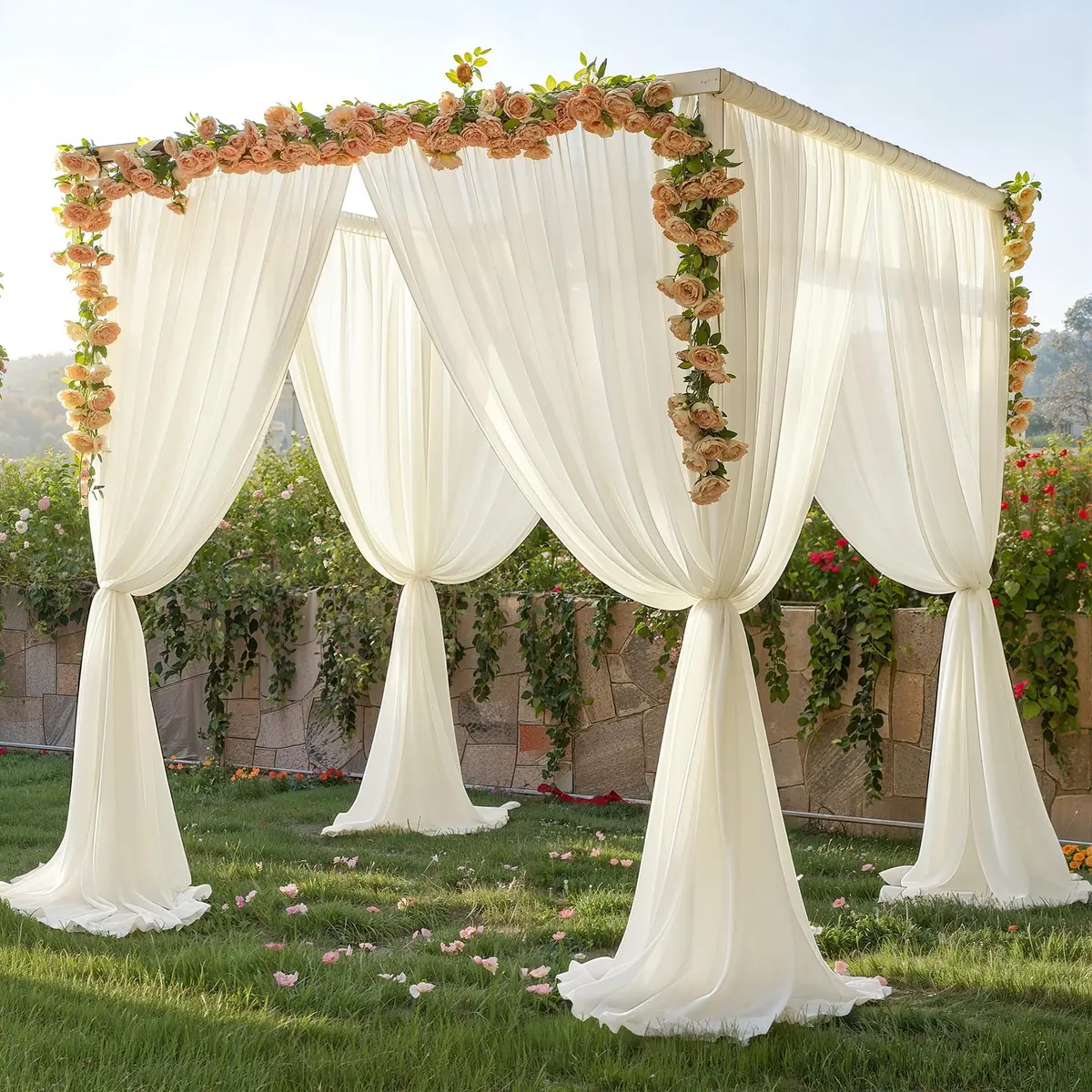 Wish Care 10ft x 10ft Ivory Sheer Chiffon Backdrop Curtain Drapes (2 Panels, 3m x 3m) | Wrinkle-Free Fabric for Weddings & Events - view 2