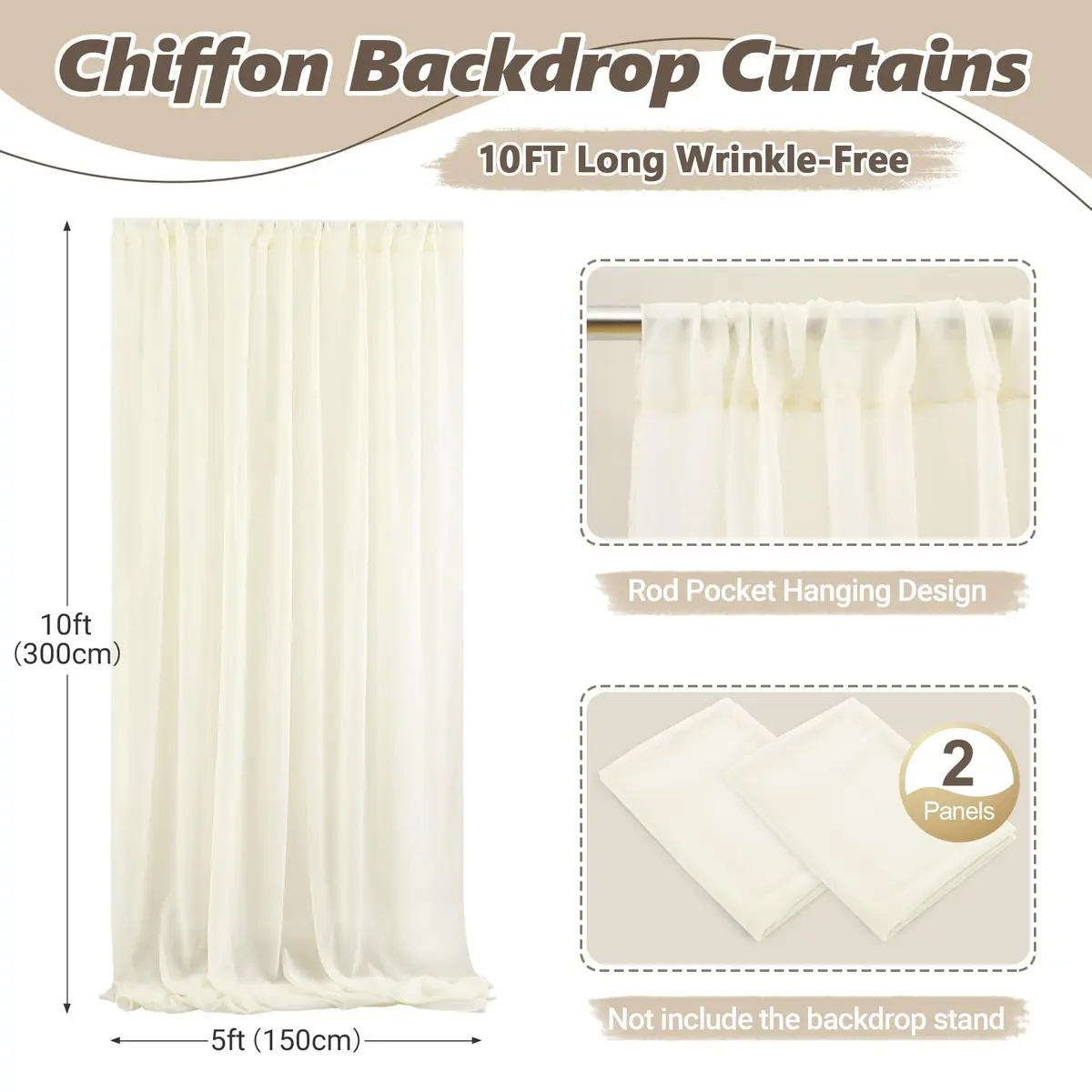 Wish Care 10ft x 10ft Ivory Sheer Chiffon Backdrop Curtain Drapes (2 Panels, 3m x 3m) | Wrinkle-Free Fabric for Weddings & Events - view 4