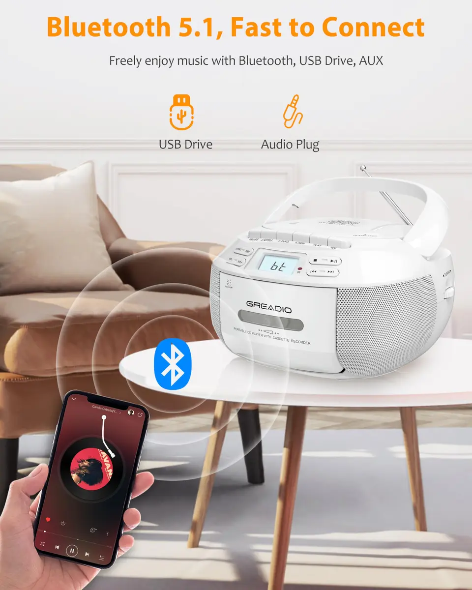 Greadio CD Player Boombox Cassette Player Combo with Bluetooth, AM/FM Radio | 3W Dual Speakers, Portable, Classic Design - view 4