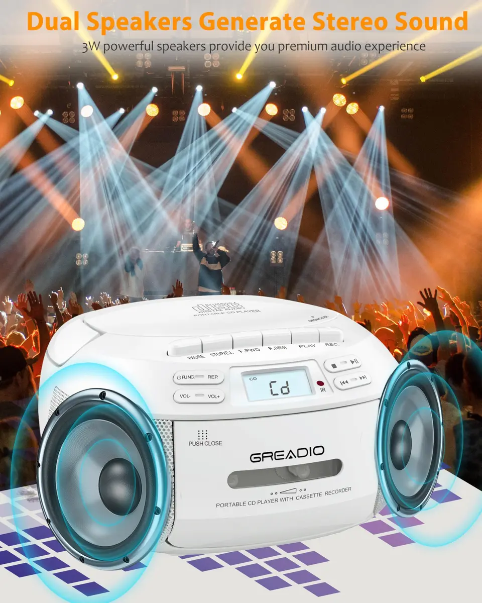 Greadio CD Player Boombox Cassette Player Combo with Bluetooth, AM/FM Radio | 3W Dual Speakers, Portable, Classic Design - view 5
