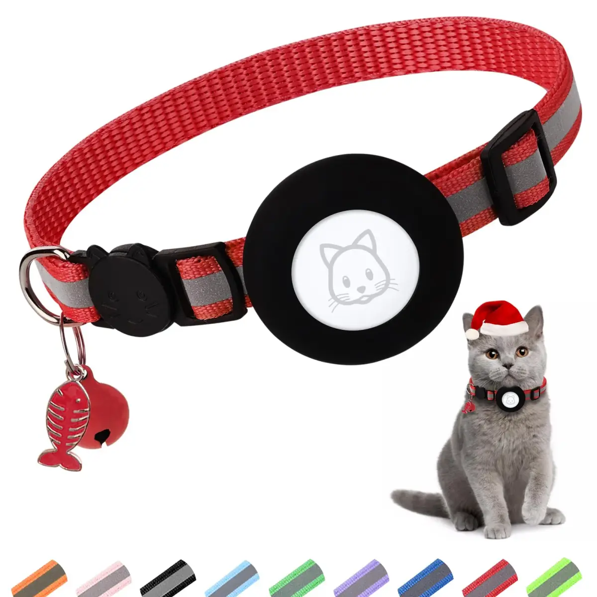 SimpleThings Red Airtag Cat Collar with Bell & Safety Buckle | Reflective Nylon, Adjustable 22-35cm - main product image