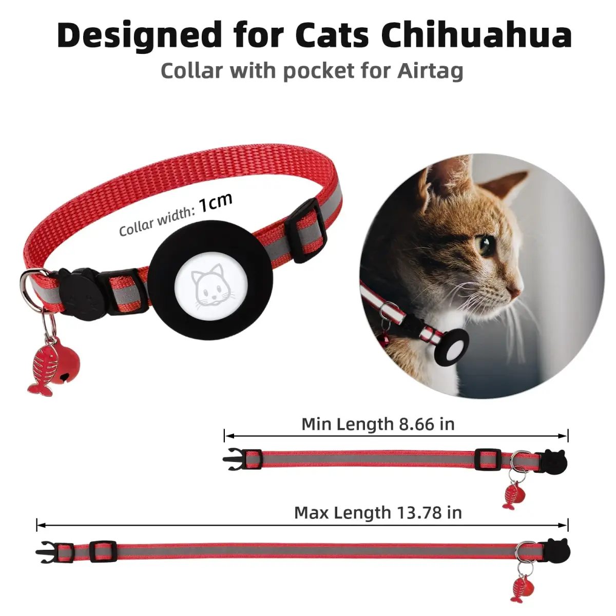 SimpleThings Red Airtag Cat Collar with Bell & Safety Buckle | Reflective Nylon, Adjustable 22-35cm - view 7