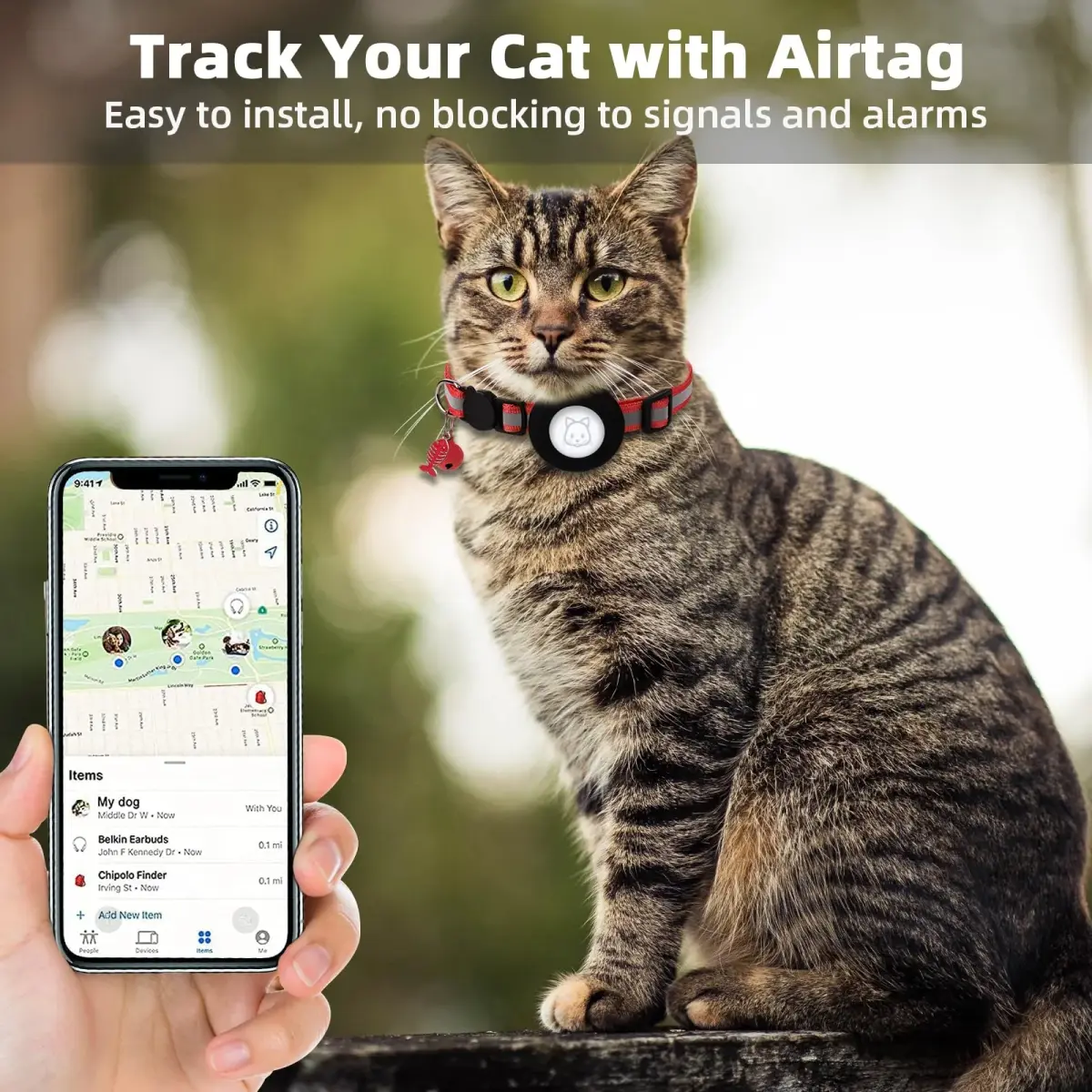 SimpleThings Red Airtag Cat Collar with Bell & Safety Buckle | Reflective Nylon, Adjustable 22-35cm - view 2