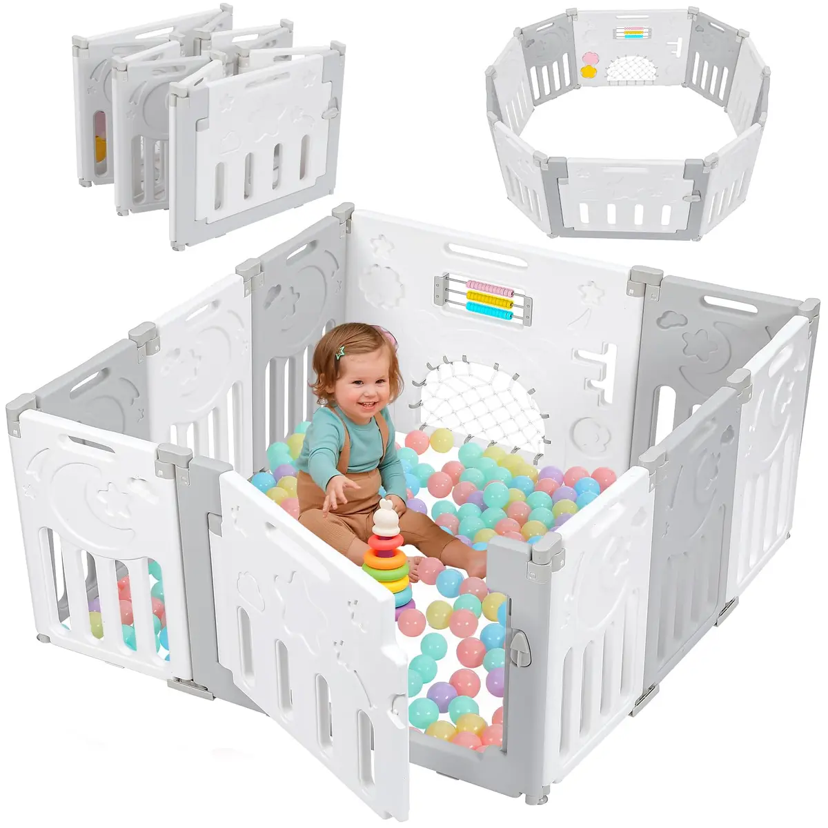 Dripex Baby Playpen 10-Panel Foldable Grey White | Safe, Adjustable & Educational Play Area - main product image