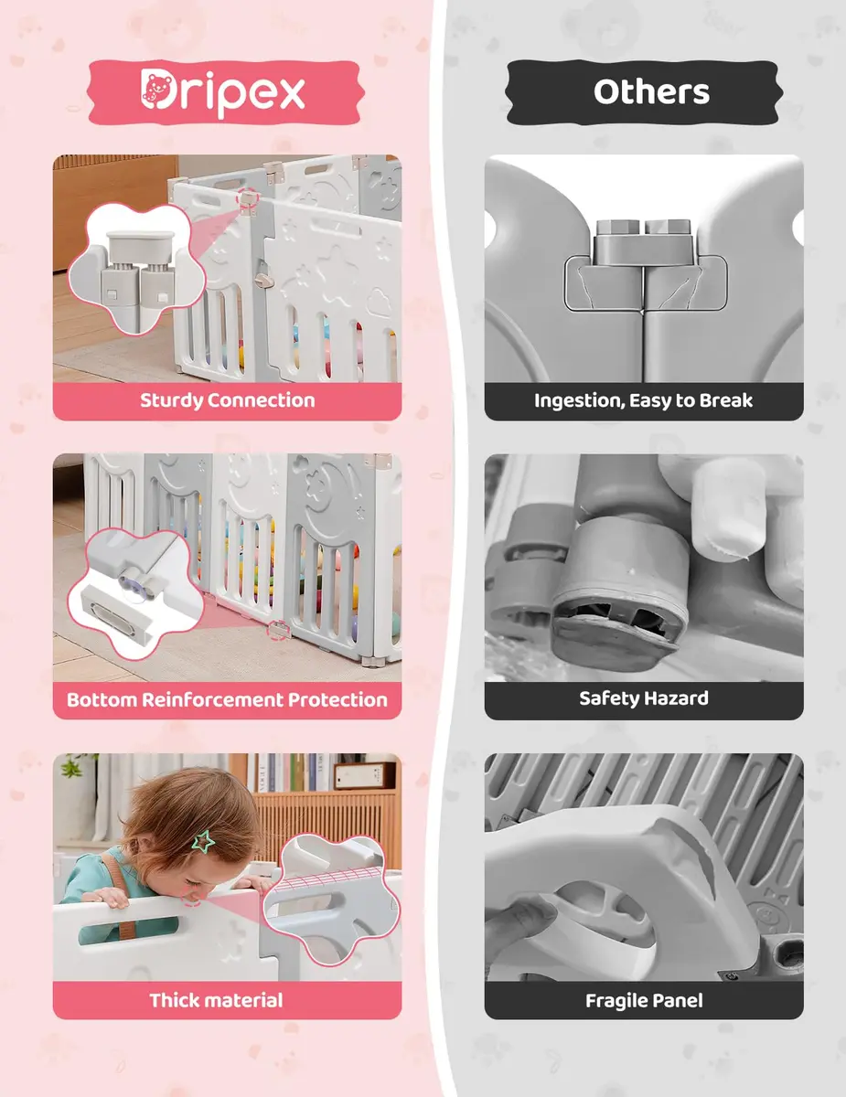 Dripex Baby Playpen 10-Panel Foldable Grey White | Safe, Adjustable & Educational Play Area - view 5