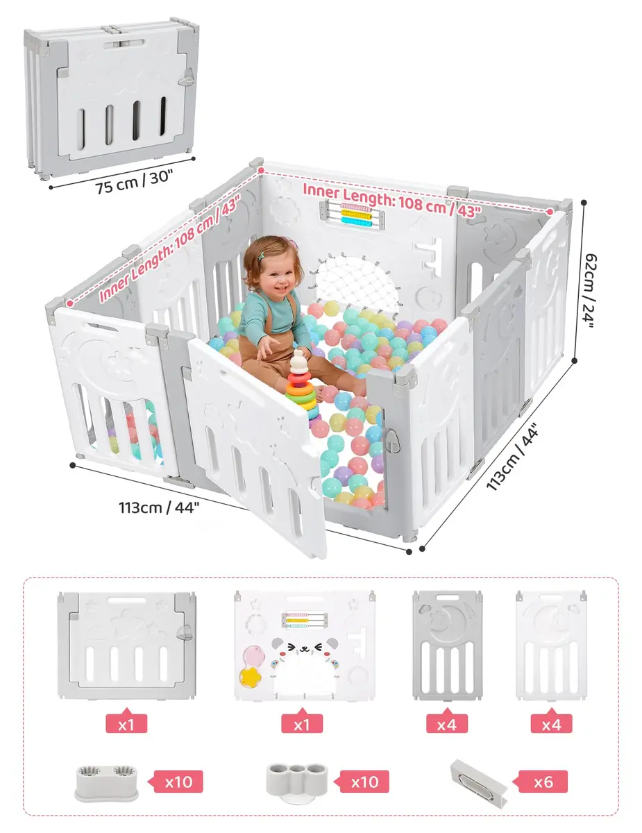 Dripex Baby Playpen 10-Panel Foldable Grey White | Safe, Adjustable & Educational Play Area - view 2