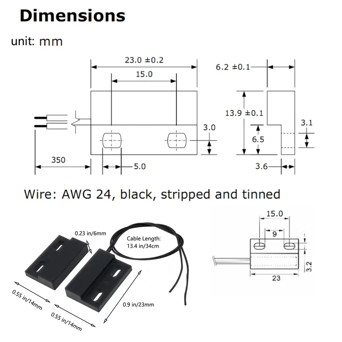 AOAUTO Magnetic Reed Switch 23mm x 14mm x 6mm | Normally Open Wired Door Sensor 2-Pack - view 3