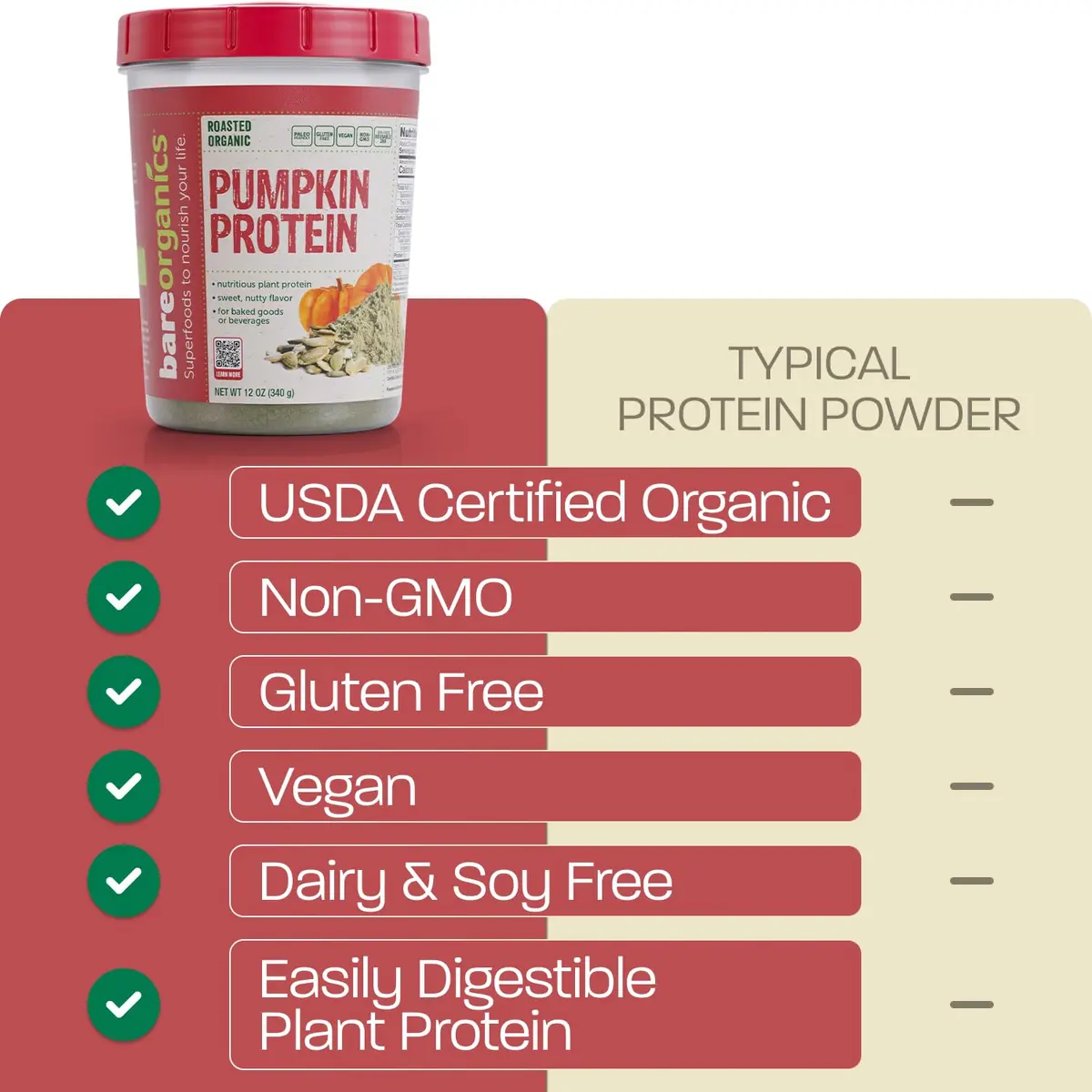 BareOrganics Pumpkin Protein Powder, 12 oz – Non-GMO & Vegan – Gluten Free | Natural plant protein with antioxidants, gluten-free, vegan-friendly, imported from USA - view 5