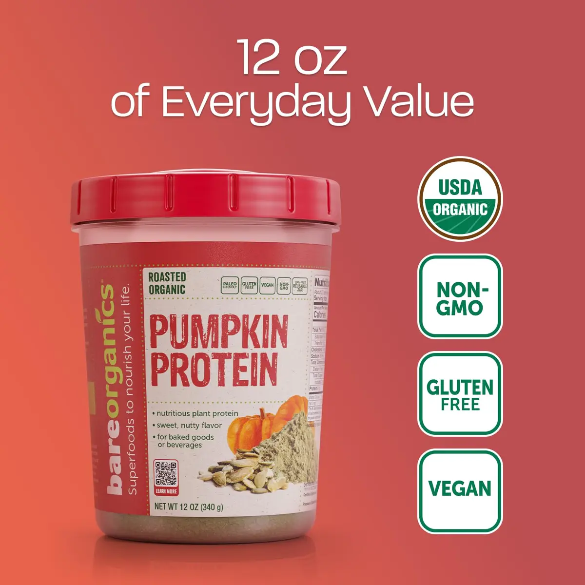 BareOrganics Pumpkin Protein Powder, 12 oz – Non-GMO & Vegan – Gluten Free | Natural plant protein with antioxidants, gluten-free, vegan-friendly, imported from USA - view 6