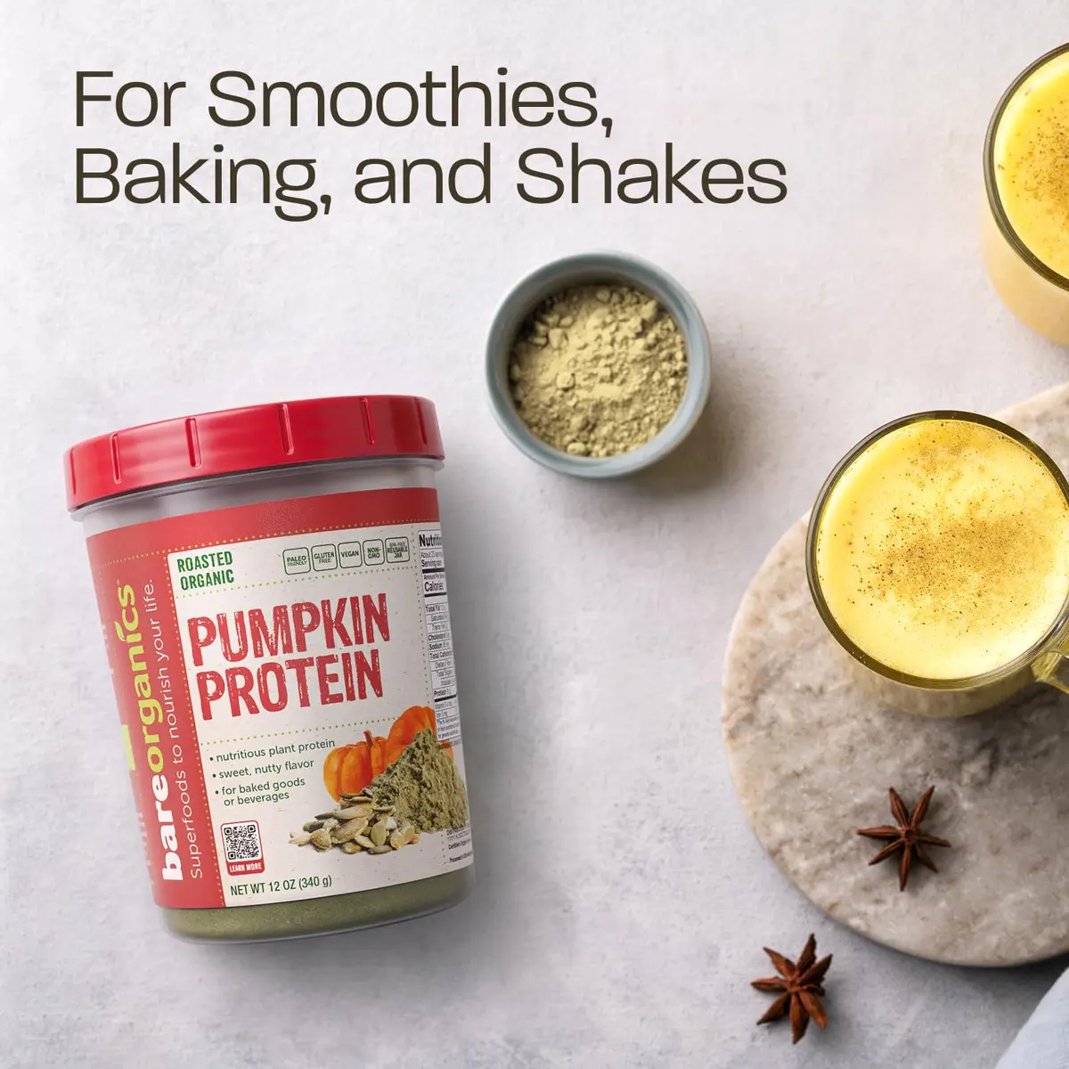 BareOrganics Pumpkin Protein Powder, 12 oz – Non-GMO & Vegan – Gluten Free | Natural plant protein with antioxidants, gluten-free, vegan-friendly, imported from USA - view 4