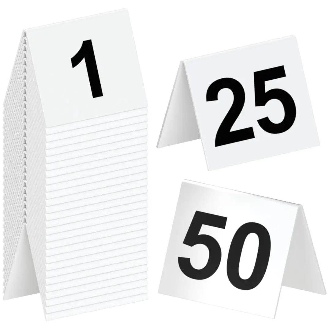 Tapix Restaurant Table Numbers 1-50 White | Durable Plastic Tent Markers for Events - main product image