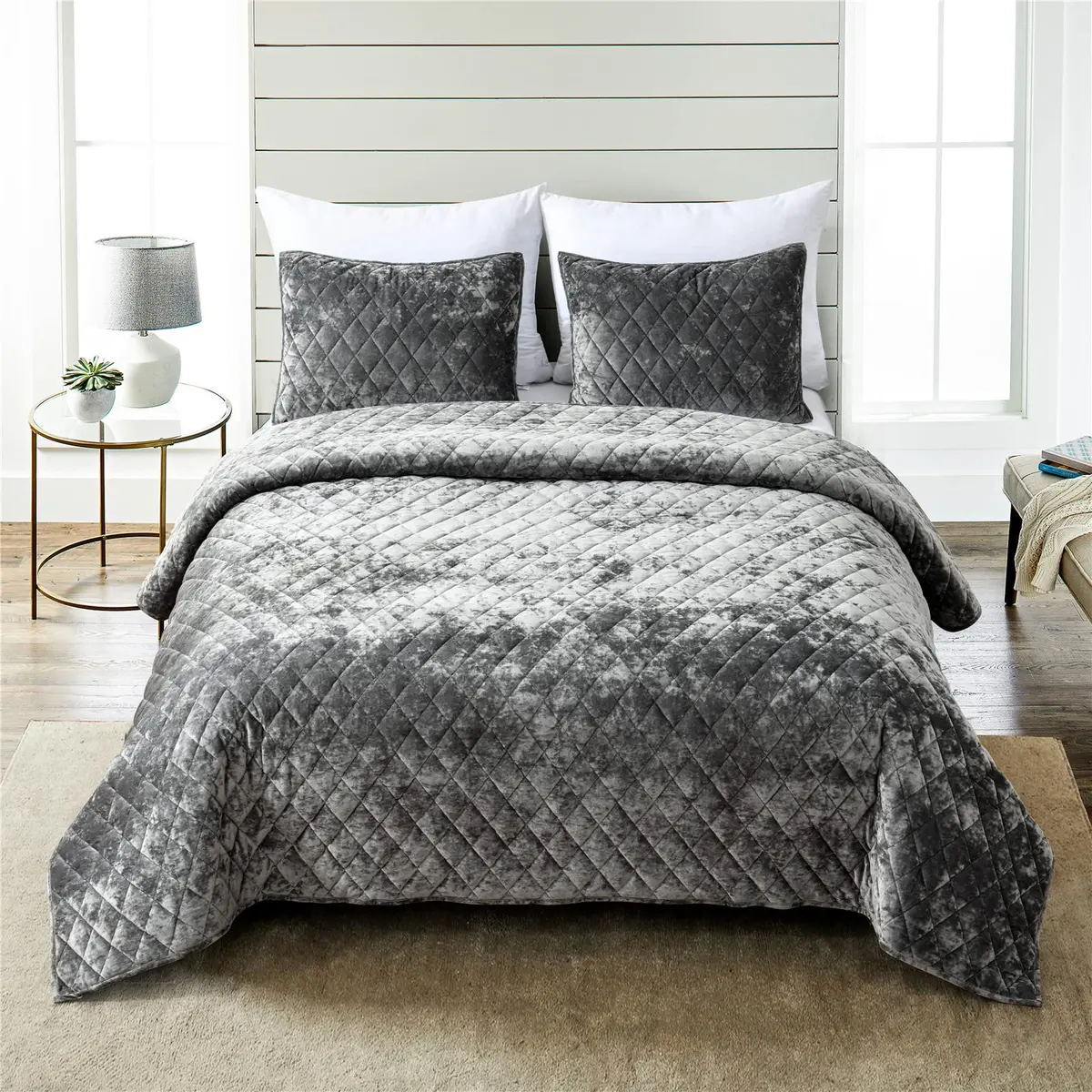 Fredsure Distressed Velvet Quilt Set, 3 Pieces Grey King | Luxurious & All-Season Comfort - main product image