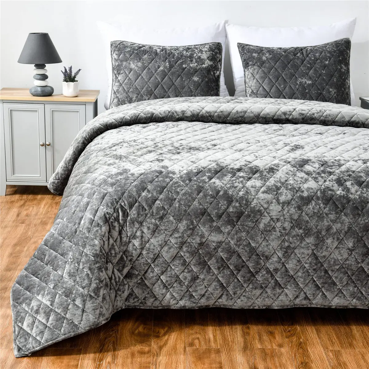 Fredsure Distressed Velvet Quilt Set, 3 Pieces Grey King | Luxurious & All-Season Comfort - view 2