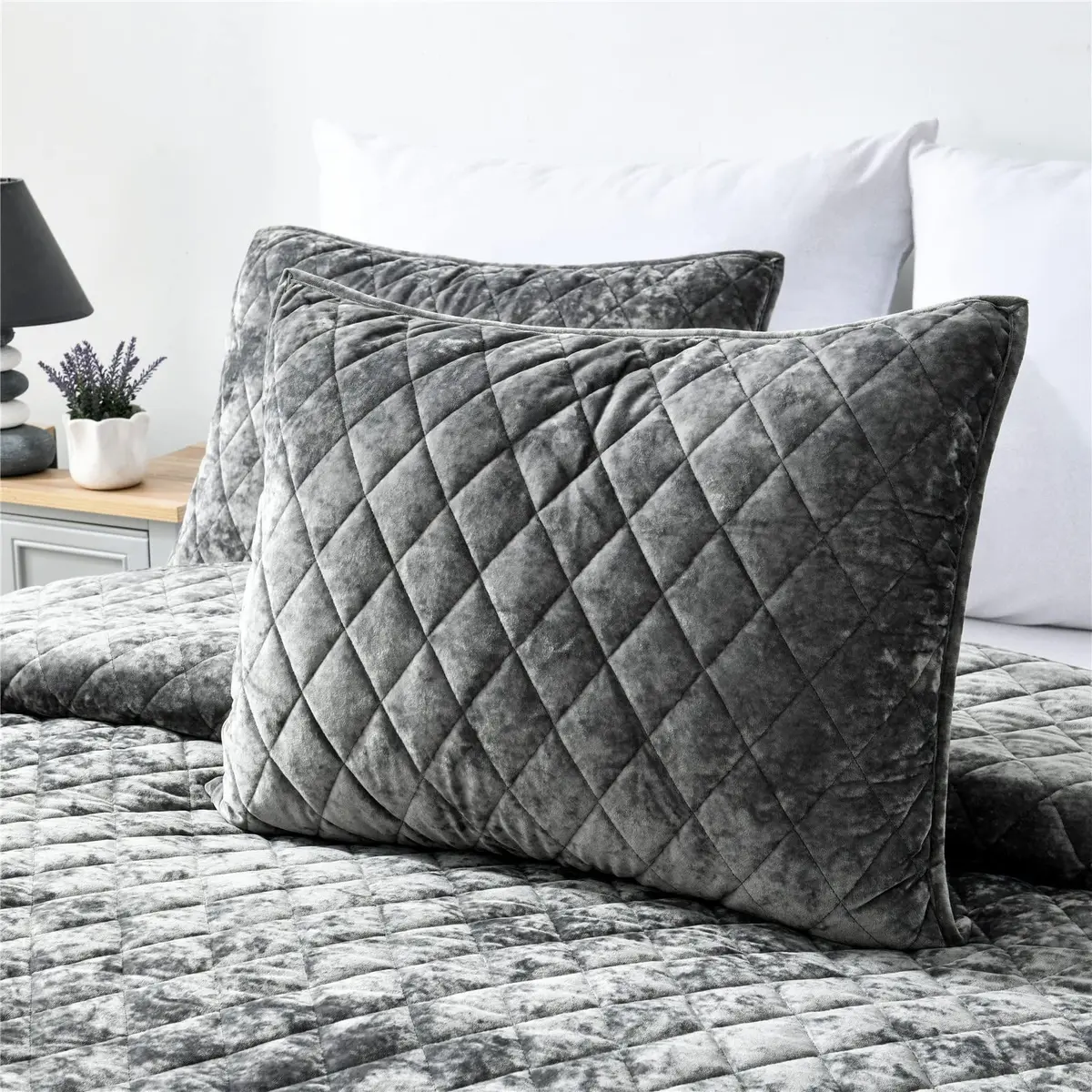 Fredsure Distressed Velvet Quilt Set, 3 Pieces Grey King | Luxurious & All-Season Comfort - view 3