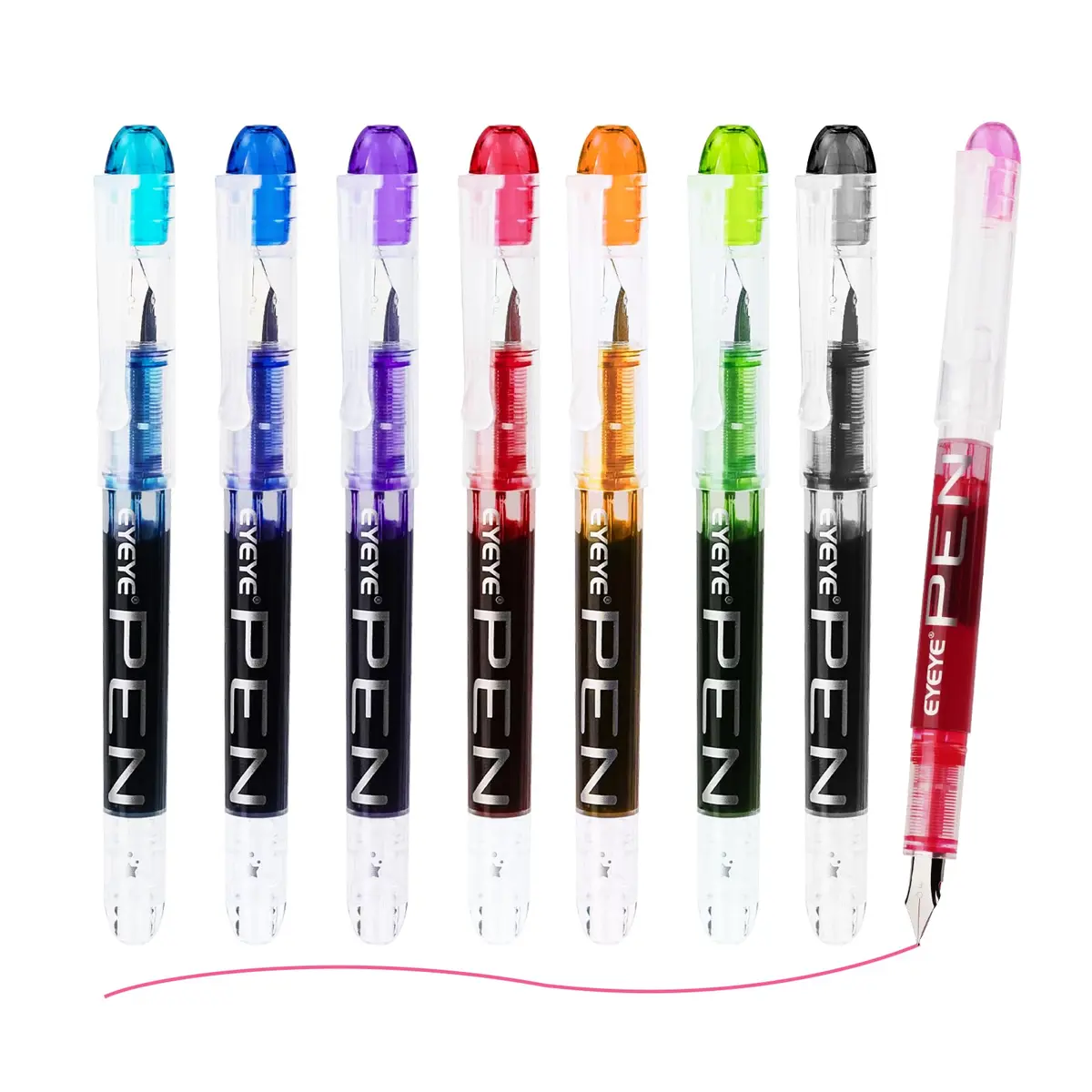EYEYE Fountain Pens for Writing, Fine Nib, Clear Barrel | Assorted Colors, 0.5mm, Disposable, Smooth Ink - main product image