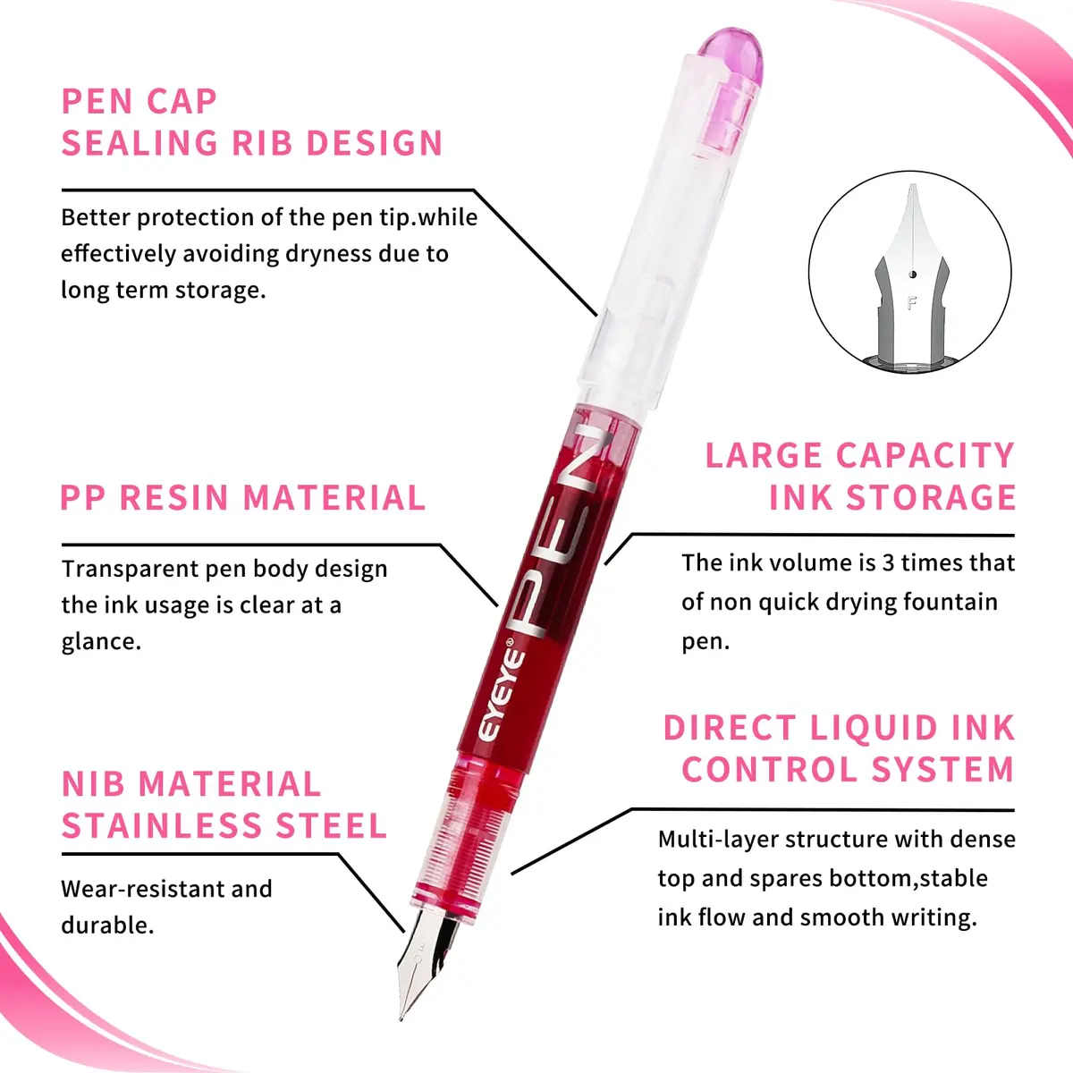 EYEYE Fountain Pens for Writing, Fine Nib, Clear Barrel | Assorted Colors, 0.5mm, Disposable, Smooth Ink - view 3