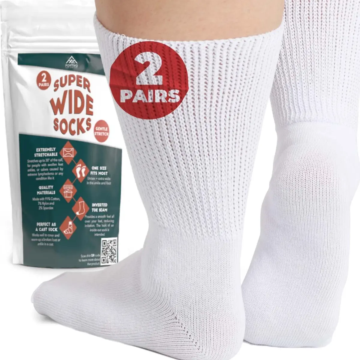 FORTIVO Extra Wide Socks for Swollen Feet | Diabetic Hospital Socks for Men & Women, Non Slip, 2 Pairs, 30" - main product image