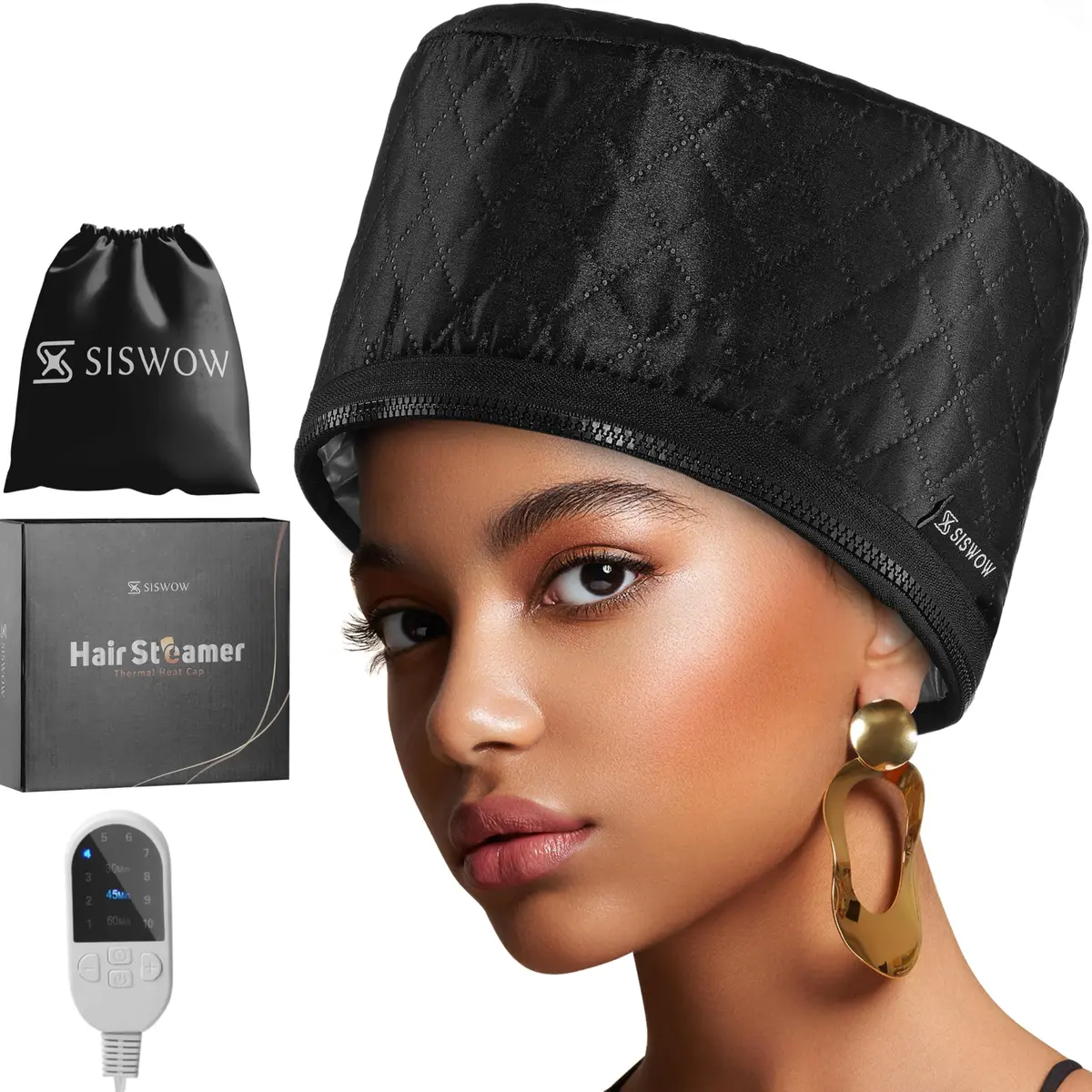 SISWOW Hair Steamer Thermal Heat Cap for Natural Hair | Deep Conditioning & Moisture (110V, 45W, Black) - main product image