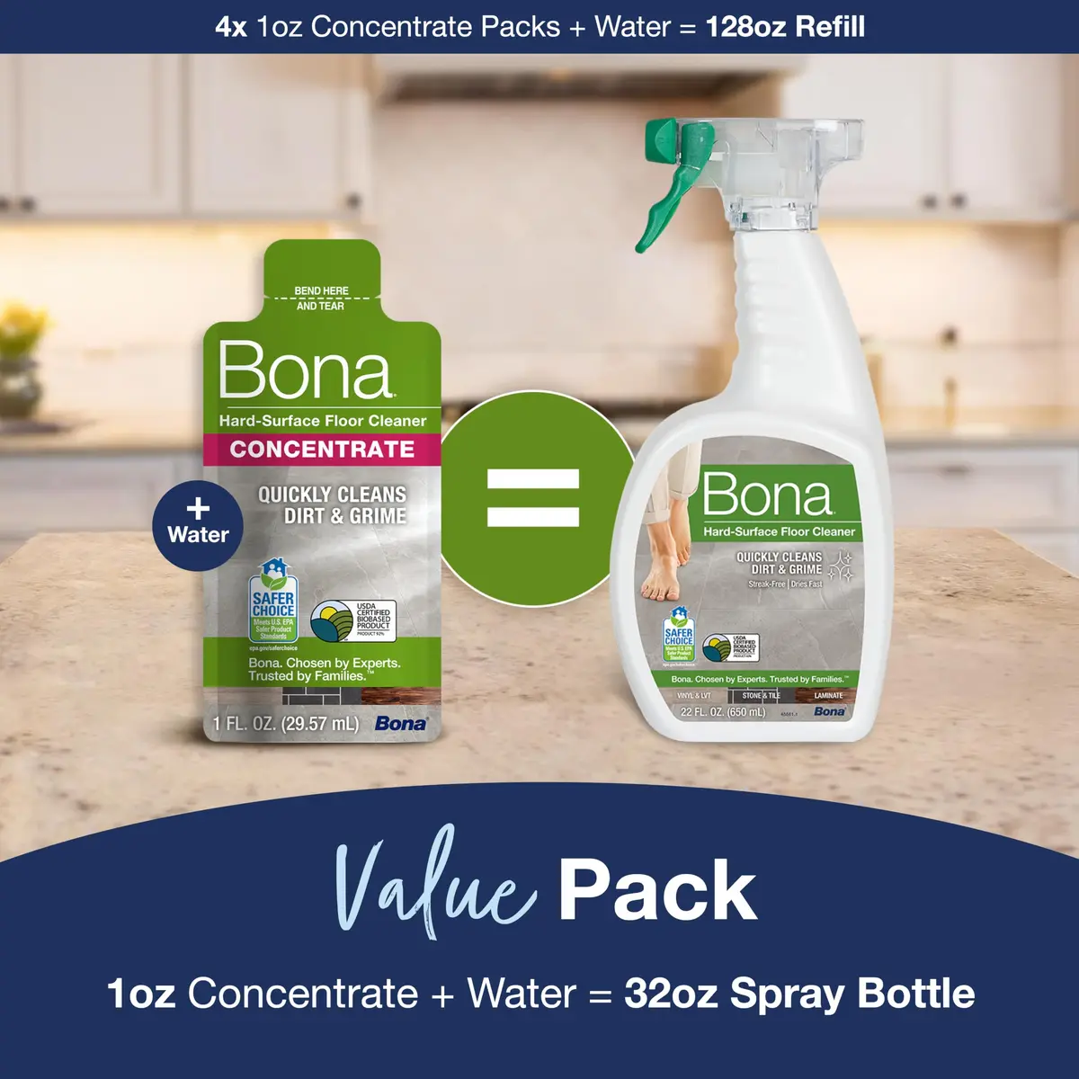 Bona Multi-Surface Floor Cleaner Concentrate 1 fl oz (29.57 ml) 4-Pack | pH Neutral Formula for Stone, Tile, Laminate, Vinyl Floors - view 9