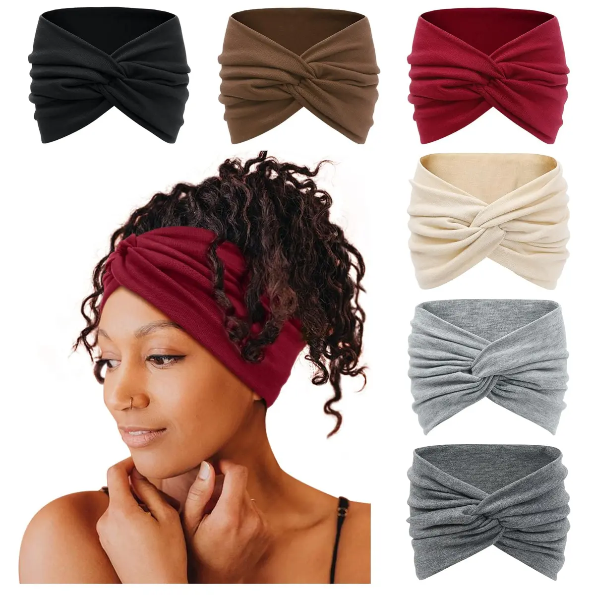 Tobeffect 7'' Extra Wide Headbands for Women, Large Thick Turban Head Wrap, Non Slip Workout Hair Accessories, 6 Pack | Boho Style, Breathable Polyester - main product image