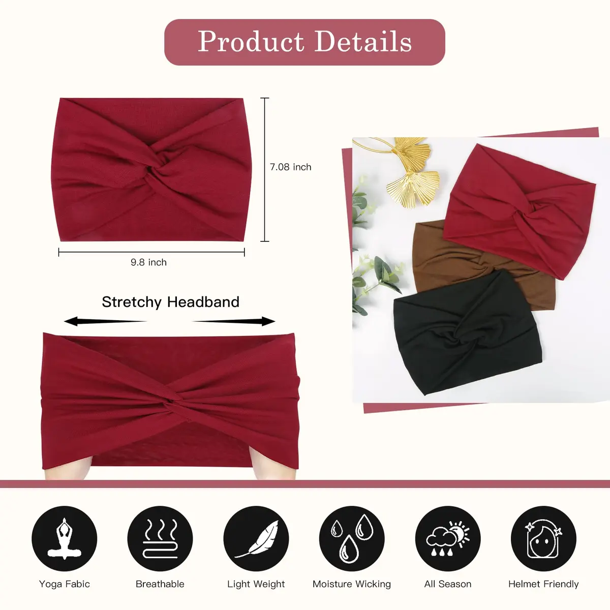 Tobeffect 7'' Extra Wide Headbands for Women, Large Thick Turban Head Wrap, Non Slip Workout Hair Accessories, 6 Pack | Boho Style, Breathable Polyester - view 2