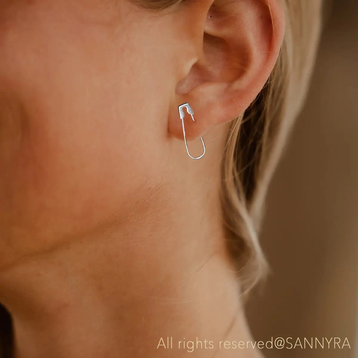 SANNYRA Silver Safety Pin Earrings for Women | Minimalist Dangle Hoop Paper Clip - view 2