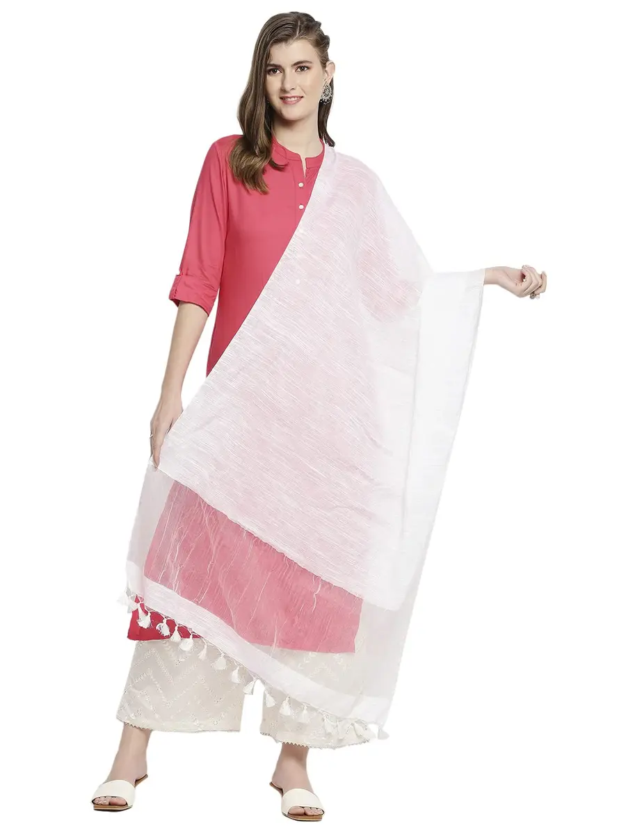 DUPATTA BAZAAR Women's White Linen Dupatta with Organza Border and Tassels | 2.4m Elegant Linen Dupatta - main product image