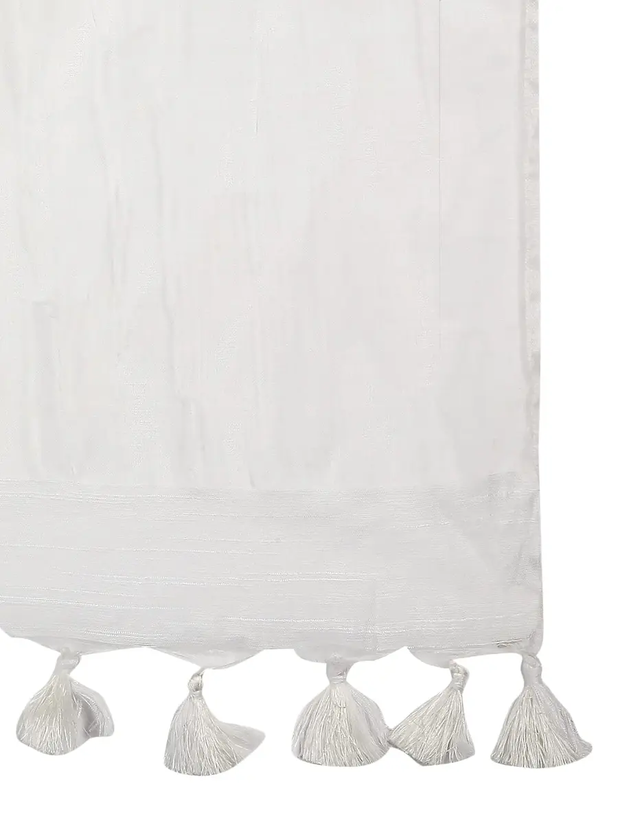 DUPATTA BAZAAR Women's White Linen Dupatta with Organza Border and Tassels | 2.4m Elegant Linen Dupatta - view 5