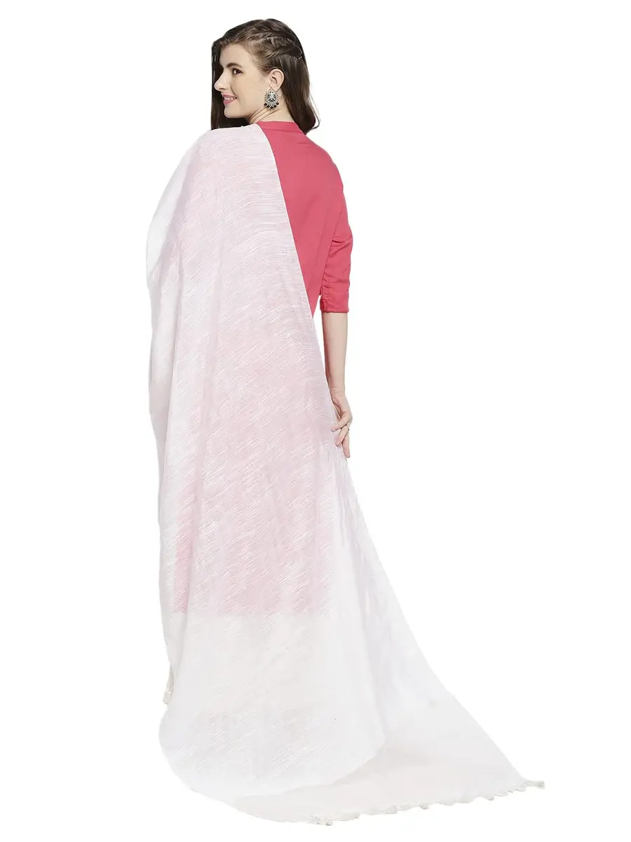 DUPATTA BAZAAR Women's White Linen Dupatta with Organza Border and Tassels | 2.4m Elegant Linen Dupatta - view 6