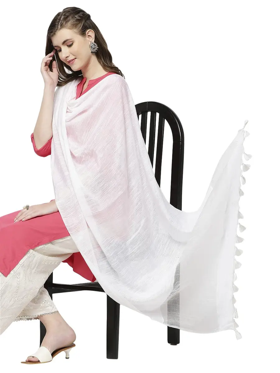 DUPATTA BAZAAR Women's White Linen Dupatta with Organza Border and Tassels | 2.4m Elegant Linen Dupatta - view 2