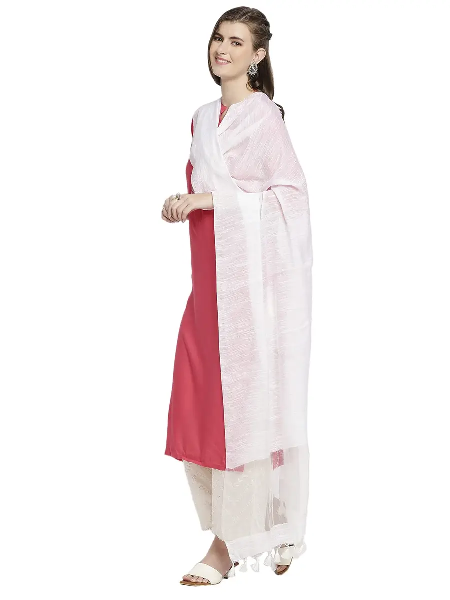 DUPATTA BAZAAR Women's White Linen Dupatta with Organza Border and Tassels | 2.4m Elegant Linen Dupatta - view 3