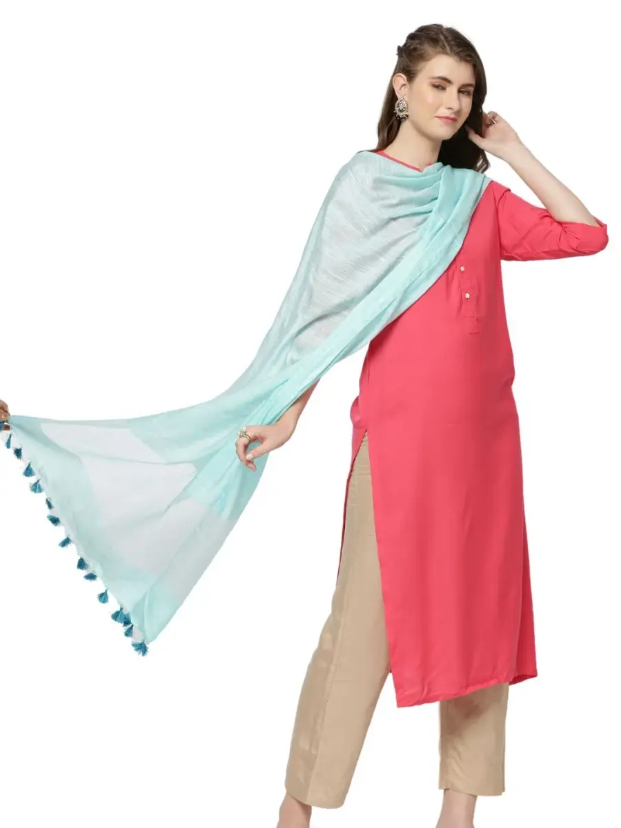 DUPATTA BAZAAR Light Blue Linen Dupatta with Organza Border & Tassels 240cm (94.49 inches) | Elegant Ethnic Wear for Occasions - main product image