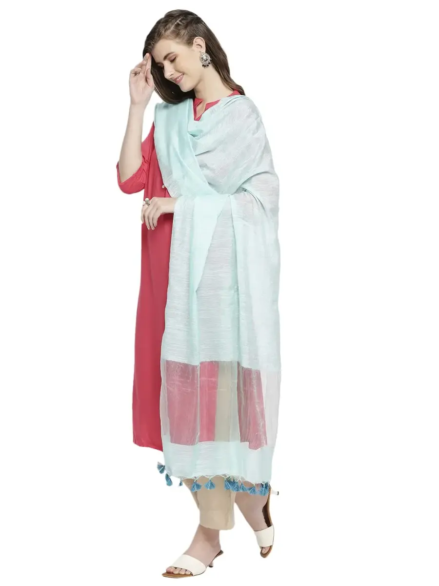 DUPATTA BAZAAR Light Blue Linen Dupatta with Organza Border & Tassels 240cm (94.49 inches) | Elegant Ethnic Wear for Occasions - view 5