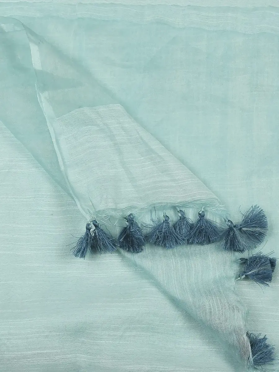 DUPATTA BAZAAR Light Blue Linen Dupatta with Organza Border & Tassels 240cm (94.49 inches) | Elegant Ethnic Wear for Occasions - view 2