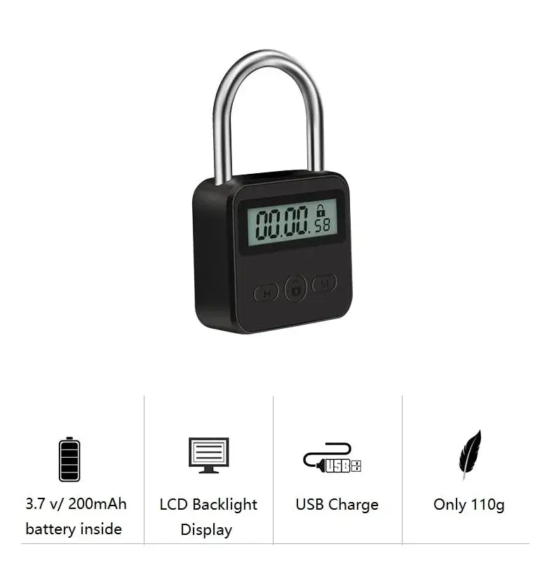 Enajucy Metal Timer Lock Black | Rechargeable Electronic Time Padlock with LCD Display - view 4
