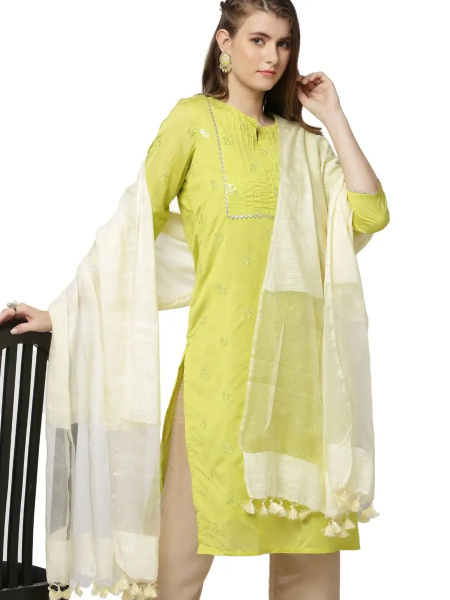 DUPATTA BAZAAR Cream Linen Dupatta with Organza Border and Tassels 2.4m (8.2 ft) | Imported Elegance for Indian Occasions - main product image