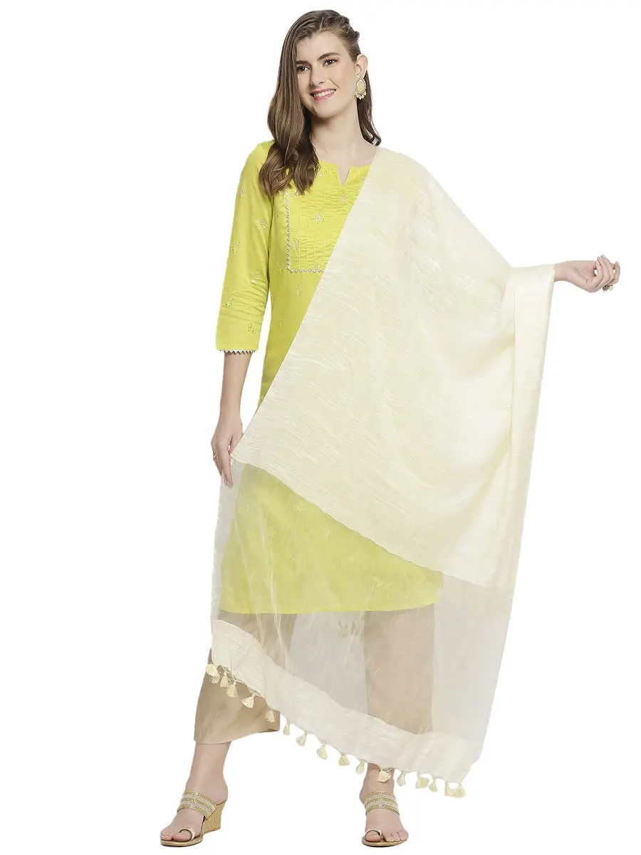 DUPATTA BAZAAR Cream Linen Dupatta with Organza Border and Tassels 2.4m (8.2 ft) | Imported Elegance for Indian Occasions - view 6
