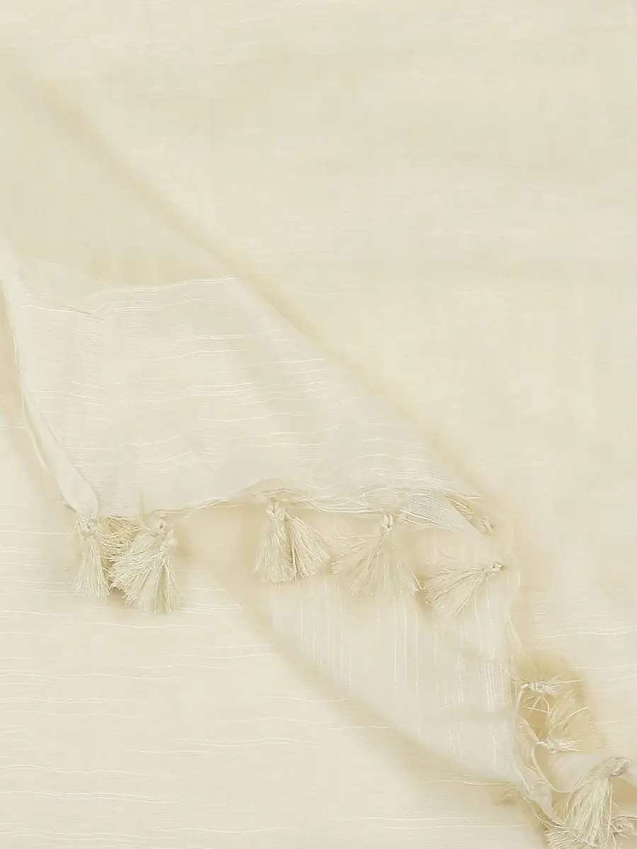 DUPATTA BAZAAR Cream Linen Dupatta with Organza Border and Tassels 2.4m (8.2 ft) | Imported Elegance for Indian Occasions - view 2